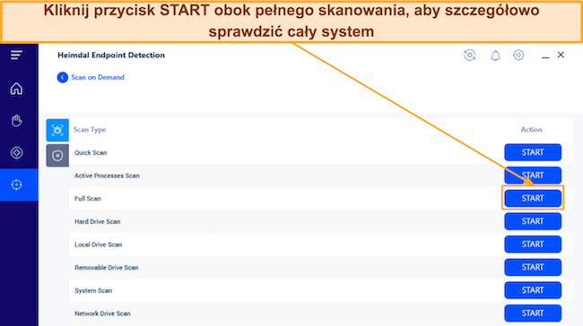 Zrzut ekranu pokazujący, jak rozpocząć pełne skanowanie Heimdala