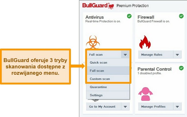 Zrzut ekranu z opcjami skanowania BullGuard
