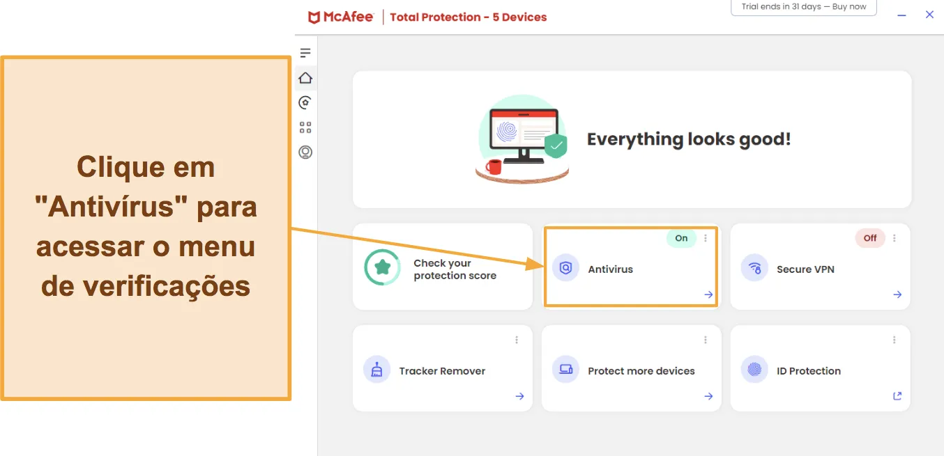 Capturas de tela mostrando como acessar as verificações de vírus do McAfee.