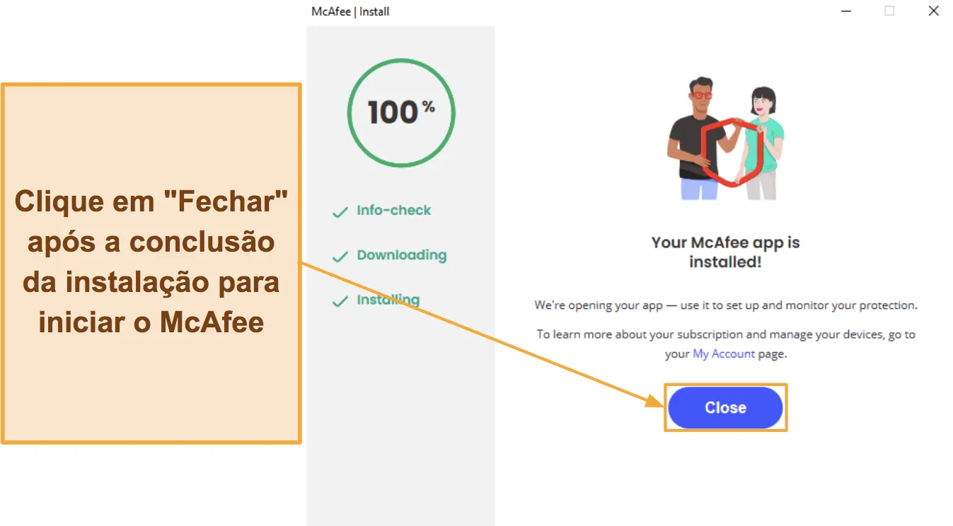 Captura de tela mostrando como finalizar a instalação do McAfee.