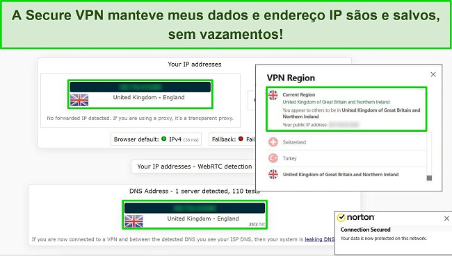 Captura de tela do Secure VPN do Norton conectado a um servidor do Reino Unido, com os resultados de um teste de vazamento de IP mostrando nenhum vazamento de dados.