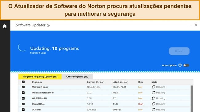 Captura de tela do Software Updater do Norton atualizando 10 programas para proteção contra vulnerabilidades de aplicativos.