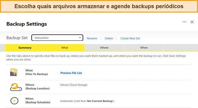 Captura de tela do recurso Configurações de backup do Norton no Windows.