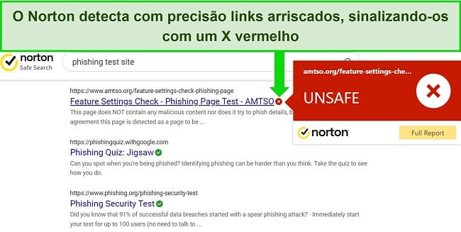 Captura de tela da extensão do navegador Safe Search do Norton detectando com precisão URLs seguros e inseguros