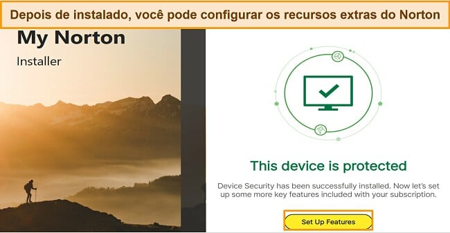 Captura de tela da interface do Norton após a conclusão da instalação, com destaque para o botão 