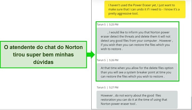 Captura de tela do agente de bate-papo ao vivo do Norton respondendo a uma pergunta sobre a ferramenta Power Eraser.