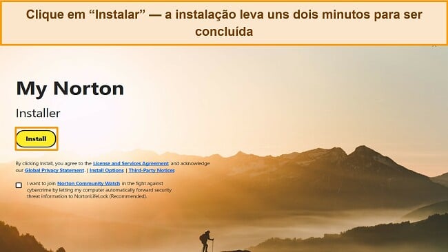 Captura de tela da tela de instalação do Norton, destacando o botão de instalação.
