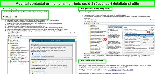 Captură de ecran a mesajului de asistență prin e-mail BullGuard