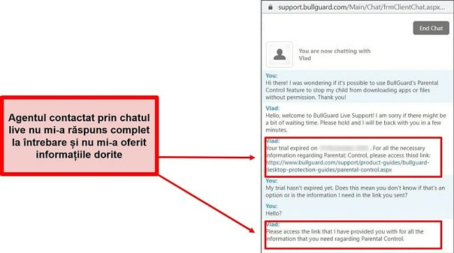 Captură de ecran a asistenței de chat live a BullGuard.