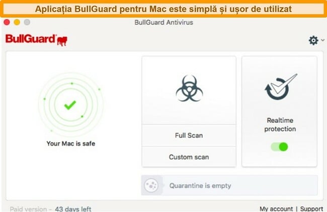 Captură de ecran a interfeței principale a BullGuard pentru Mac