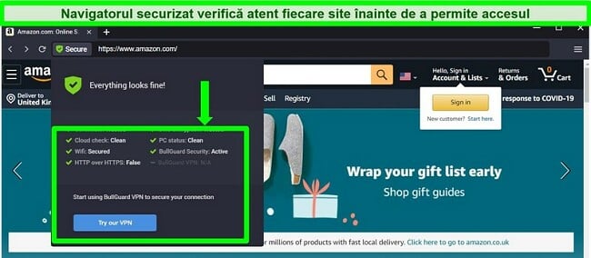 Captură de ecran a browserului securizat al BullGuard care afișează toate verificările de securitate.