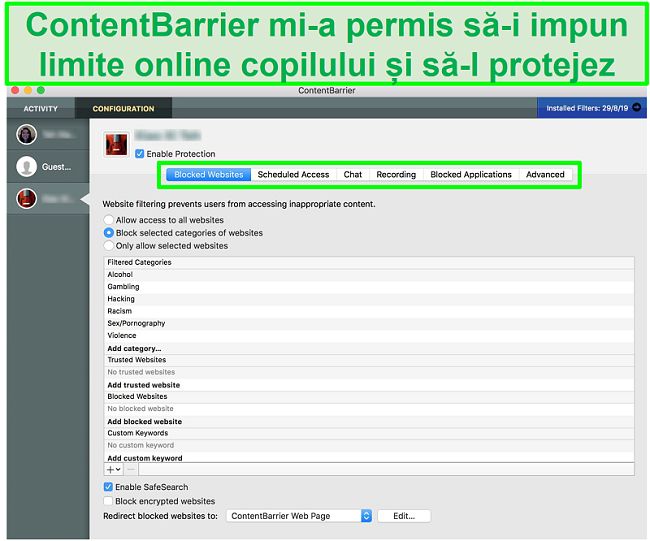 captură de ecran a interfeței ContentBarrier cu diferite setări de control parental