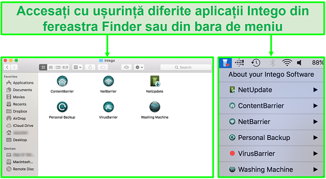 Captură de ecran despre cum să accesați diferite aplicații Intego din fereastra Finder sau din bara de meniu