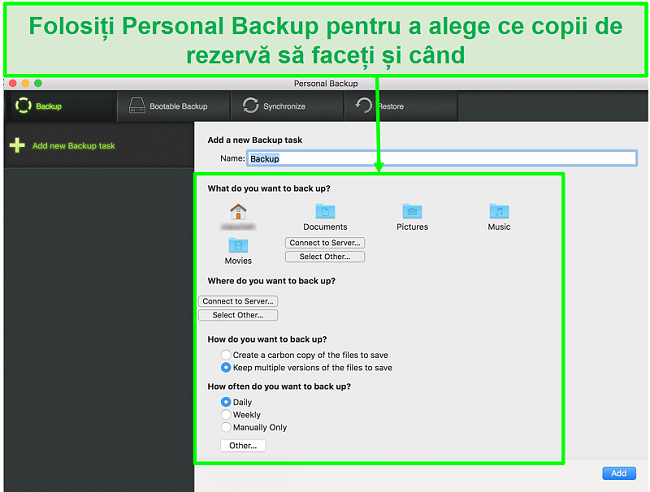 Captură de ecran a interfeței de backup personal Intego cu opțiuni de backup de date personalizabile