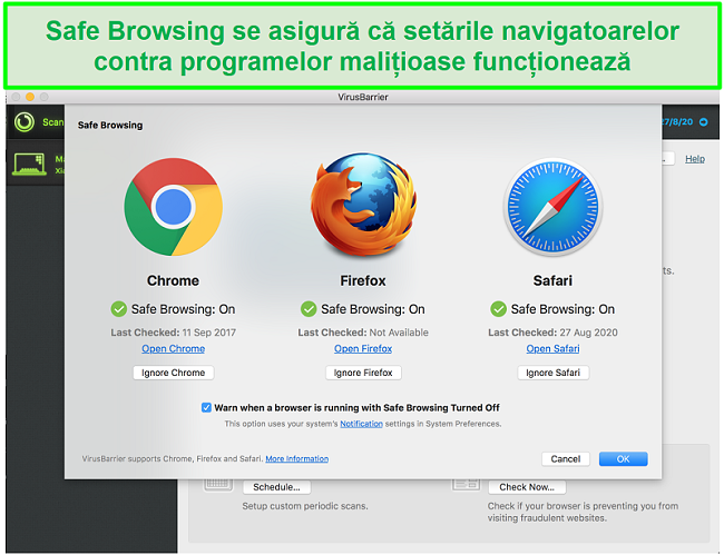 Captură de ecran a interfeței Intego care prezintă diferite browsere web modul de navigare sigură sunt activate