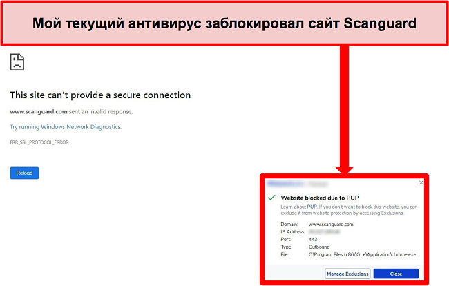 Скриншот антивируса, блокирующего сайт Scanguard из-за ПНП.