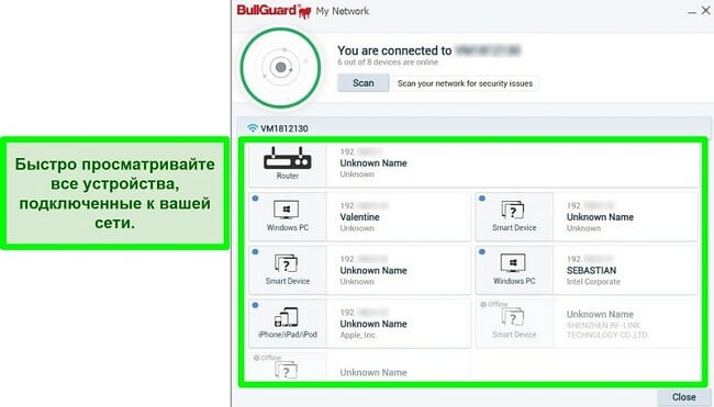 Снимок экрана сканера сети BullGuard и устройств, активно подключенных к сети.