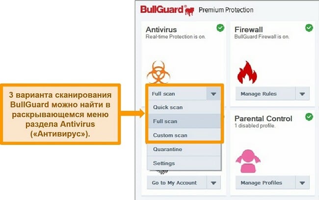 Снимок экрана с параметрами сканирования BullGuard