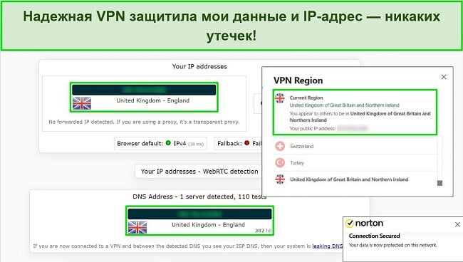 Скриншот Norton Secure VPN, подключенный к серверу в Великобритании, с результатами теста на утечку IP, показывающего отсутствие утечек данных.