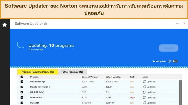 ภาพหน้าจอของ Software Updater ของ Norton อัปเดต 10 โปรแกรมเพื่อป้องกันช่องโหว่ของแอป