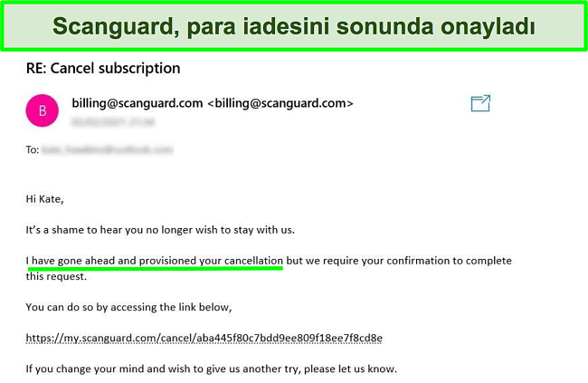 Scanguard'ın müşteri destek ekibinden para iade garantisi ile para iadesi talep eden bir kullanıcının ekran görüntüsü