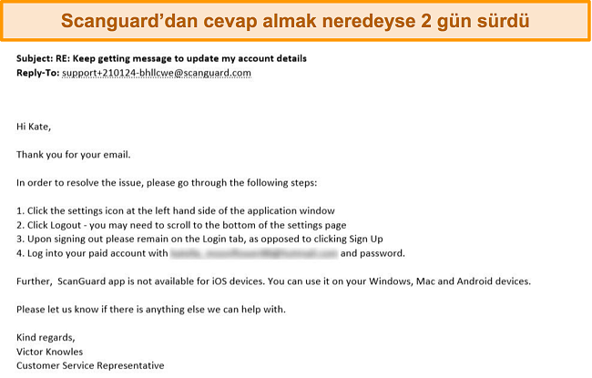 Scanguard'dan müşteri desteği e-posta yanıtının ekran görüntüsü.