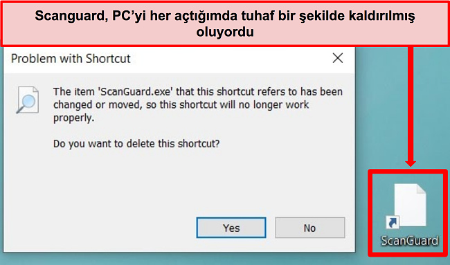 Windows PC'de Scanguard'ın bozuk kısayolunun ekran görüntüsü.