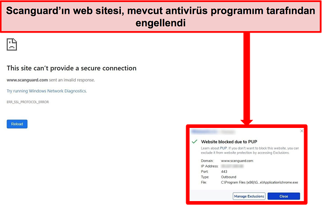 PUP nedeniyle Scanguard'ın web sitesini engelleyen antivirüsün ekran görüntüsü.