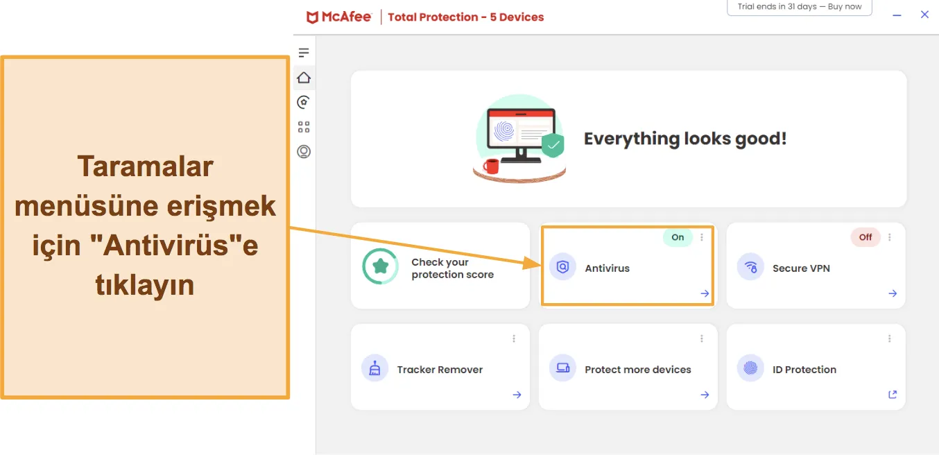 McAfee virüs taramalarına nasıl erişileceğini gösteren ekran görüntüleri.