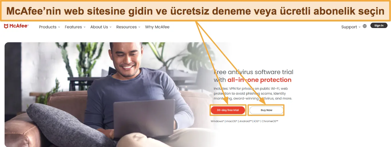 McAfee aboneliğinin nasıl seçileceğini gösteren ekran görüntüsü.