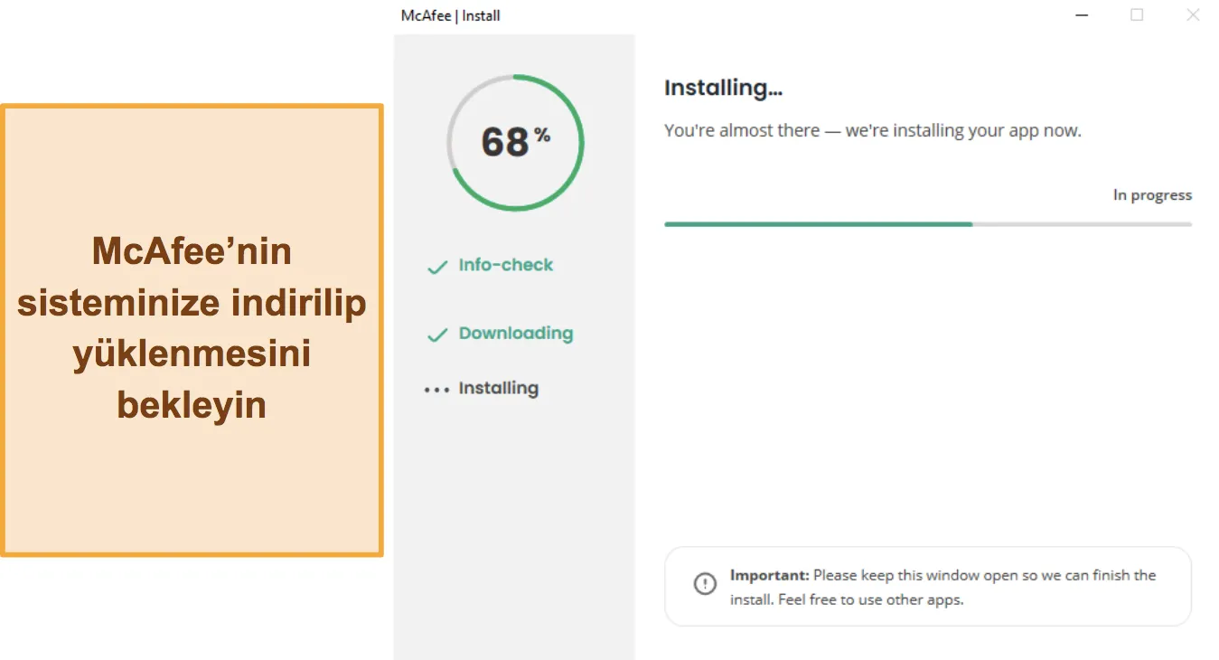 McAfee kurulumunun devam ettiğini gösteren ekran görüntüsü.