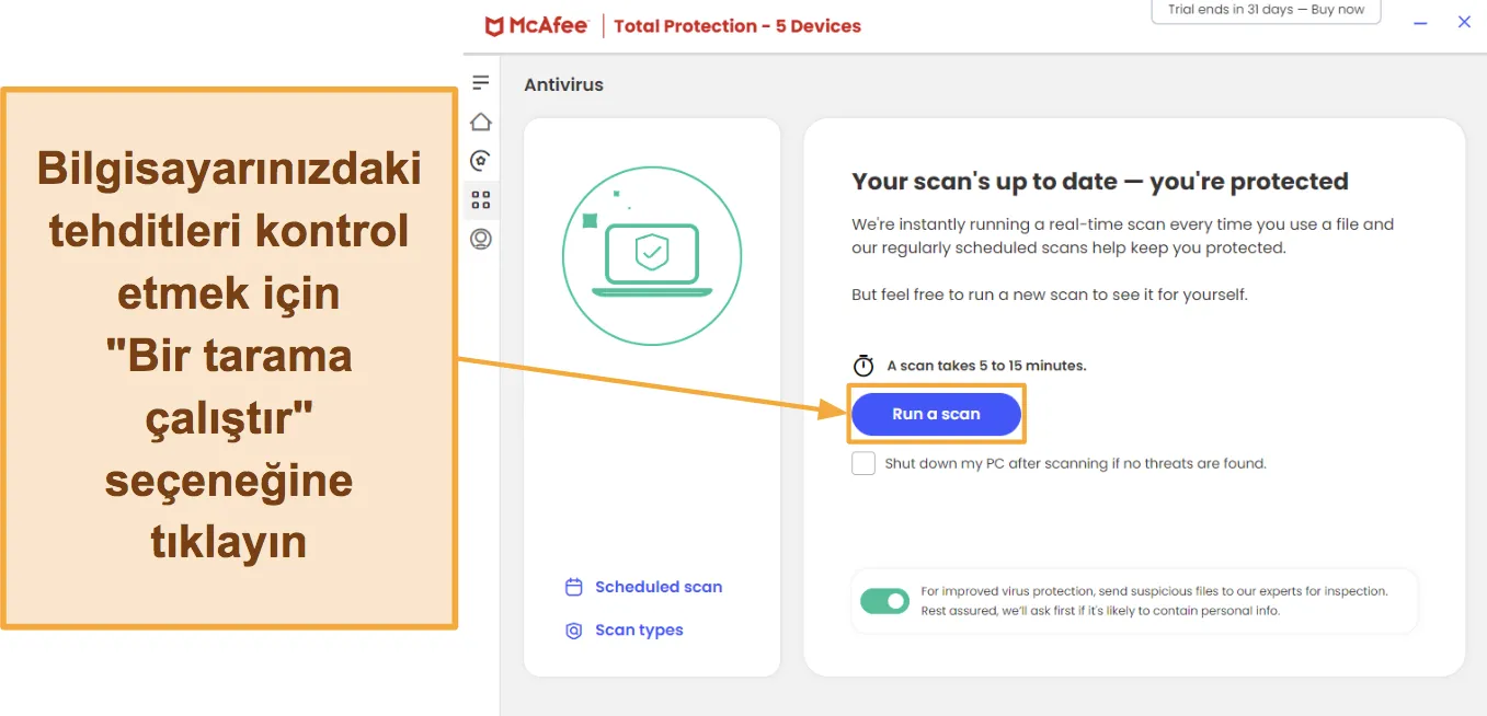 McAfee ile taramanın nasıl başlatılacağını gösteren ekran görüntüsü.