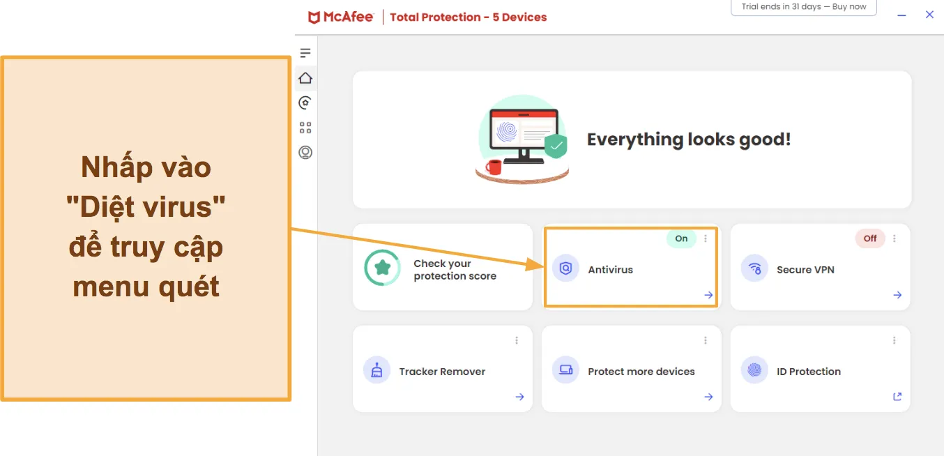 Ảnh chụp màn hình hiển thị cách truy cập quét vi-rút McAfee.