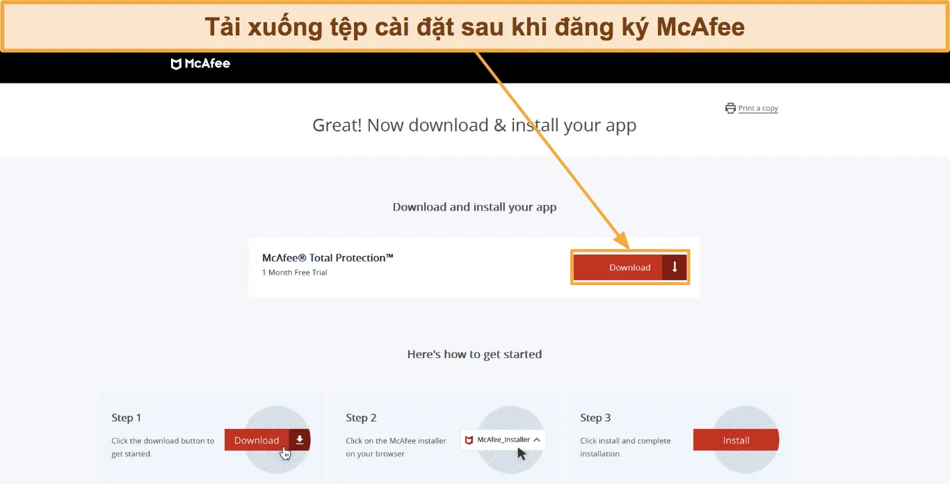 Ảnh chụp màn hình hiển thị cách tải xuống thiết lập McAfee.