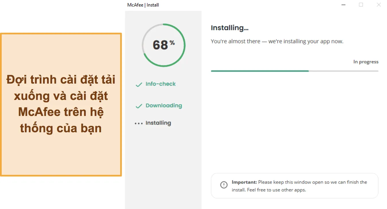 Ảnh chụp màn hình hiển thị quá trình cài đặt McAfee đang diễn ra.