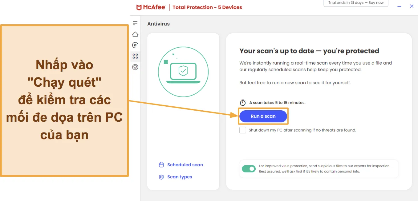 Ảnh chụp màn hình hiển thị cách bắt đầu quét bằng McAfee.