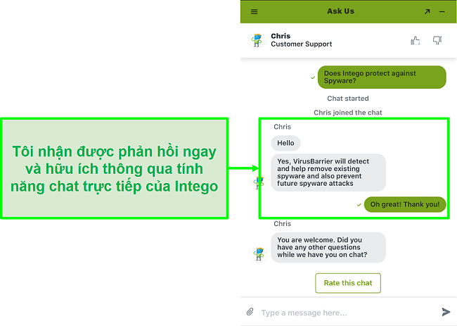 Ảnh chụp màn hình cuộc trò chuyện trực tiếp Intego hỗ trợ nhanh chóng và hữu ích