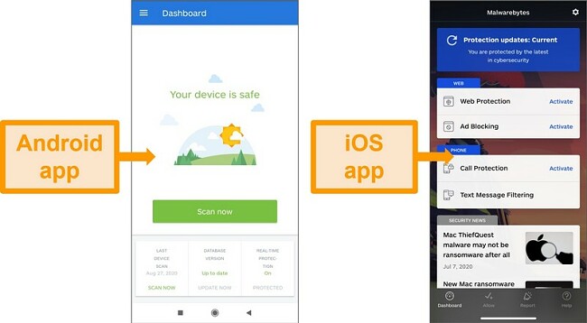 Екранни снимки на интерфейси на приложения за Android и iOS.