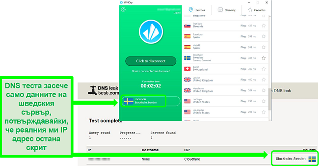 Екранна снимка на VPNCity, свързана към сървър в Швеция и преминаваща тест за изтичане на DNS