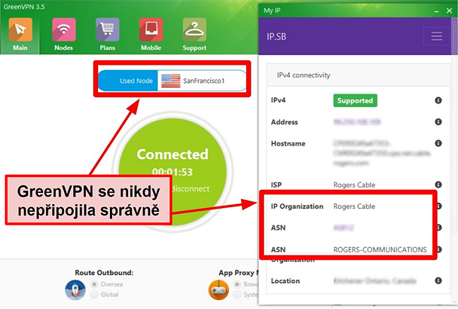 Screenshot rozhraní GreenVPN zobrazující připojení k serveru a nastavení IP