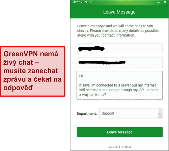  Screenshot obrazovky podpory GreenVPN