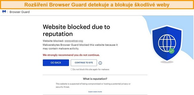 Screenshot prohlížeče Browser Guard zabraňující přístupu na web hostující malware.