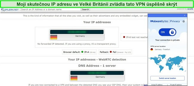 Screenshot z testu úniku IP a DNS pro Malwarebytes Privacy VPN