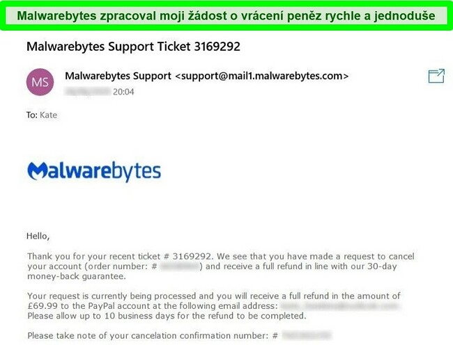 Screenshot z procesu vracení peněz Malwarebytes s e-mailovou odpovědí na tiket žádosti o vrácení peněz.