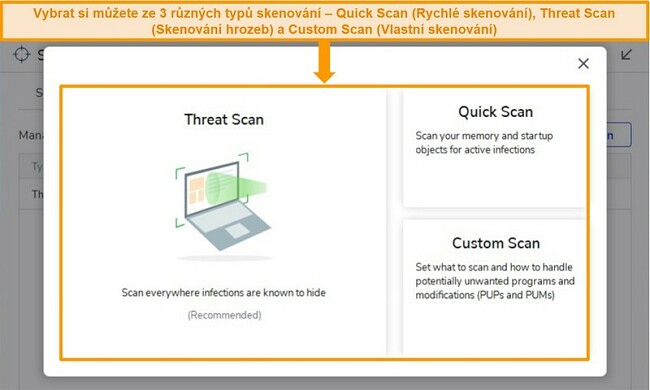 Screenshot z možností antivirové kontroly Malwarebytes.