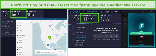 Skærmbillede af NordVPN og Surfshark, der kører en amerikansk hastighedstest.