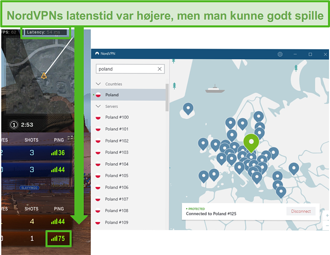 Skærmbillede af Call of Duty: Warzone og Rocket League latensresultater, mens du spiller med NordVPN tilsluttet.