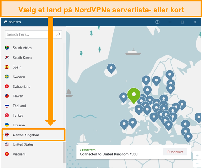 Skærmbillede af NordVPN tilsluttet en britisk server.