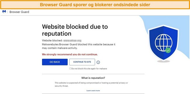 Skærmbillede af Browser Guard, der forhindrer adgang til et websted, der hoster malware.