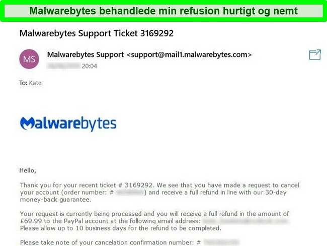Skærmbillede af Malwarebytes 'refusionsproces med et e-mail-svar på en billet til anmodning om refusion.